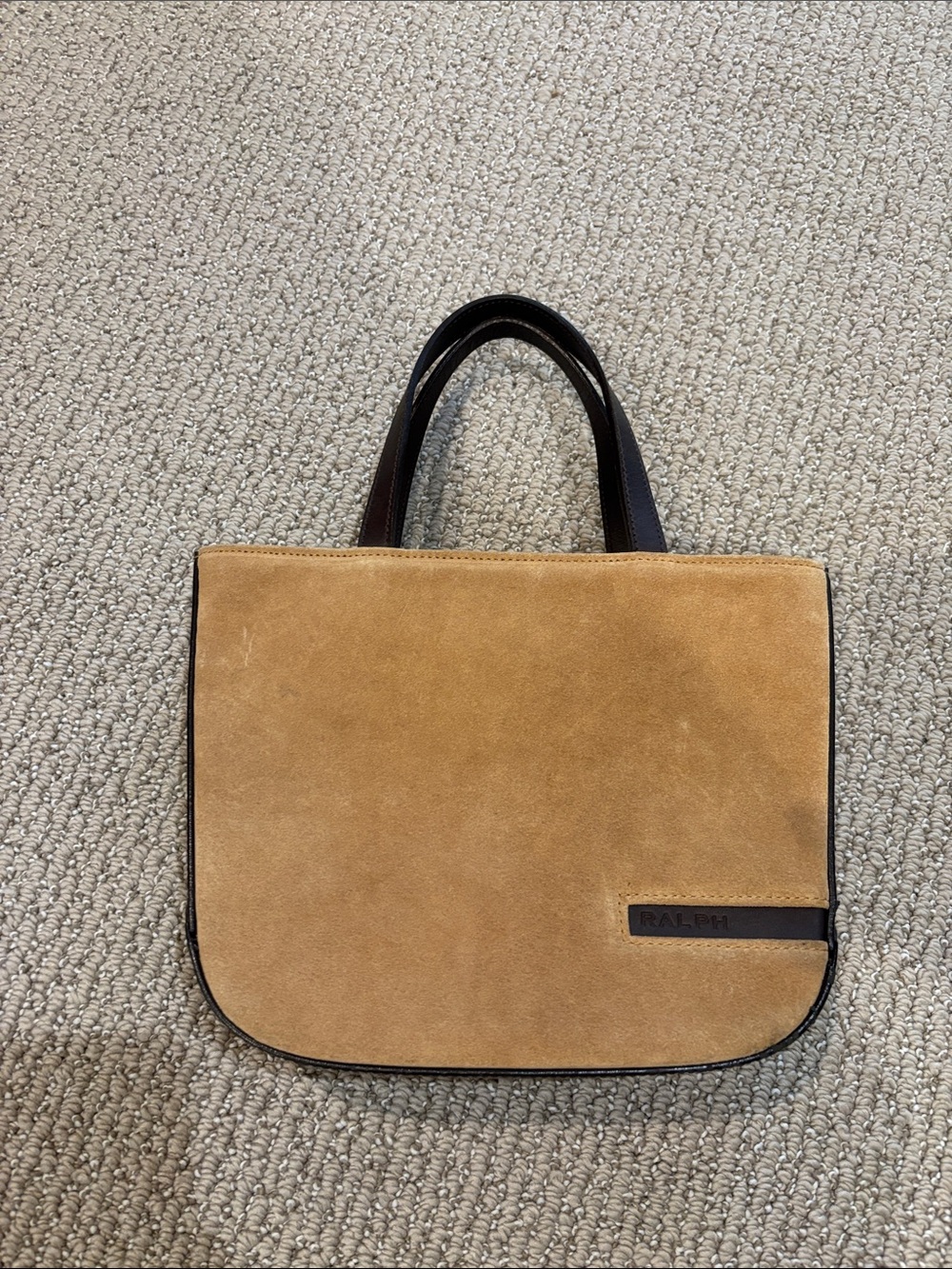Ralph Lauren Camel Suede Top-Handle Tote with Dark Trim